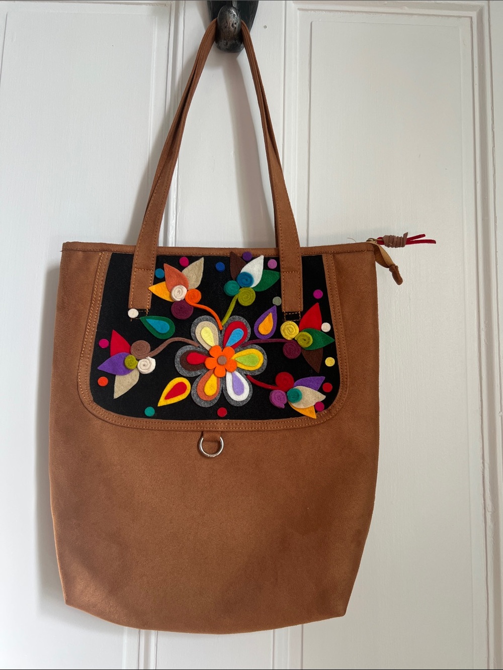 Camel Faux Suede Floral Embroidered Tote Bag